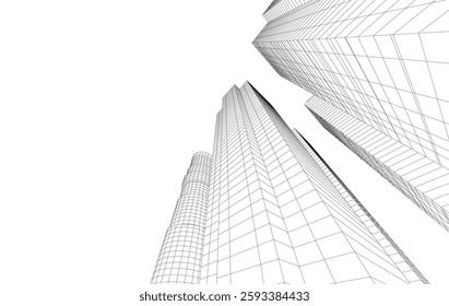 Abstract Architectural Wireframe of Modern Skyscrapers - 3D Perspective View
