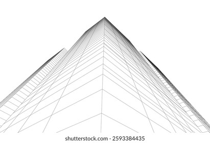 Abstract Architectural Wireframe of Modern Skyscrapers - 3D Perspective View