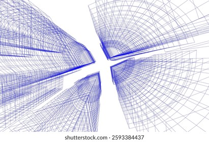 Abstract Architectural Wireframe of Modern Skyscrapers - 3D Perspective View