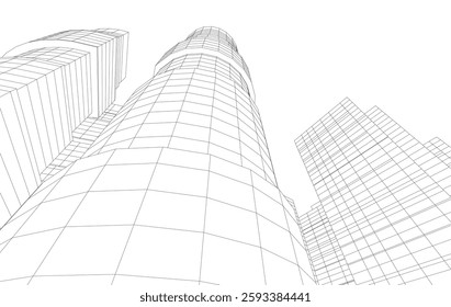 Abstract Architectural Wireframe of Modern Skyscrapers - 3D Perspective View