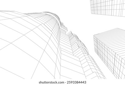 Abstract Architectural Wireframe of Modern Skyscrapers - 3D Perspective View