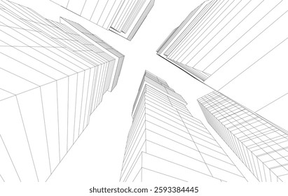 Abstract Architectural Wireframe of Modern Skyscrapers - 3D Perspective View
