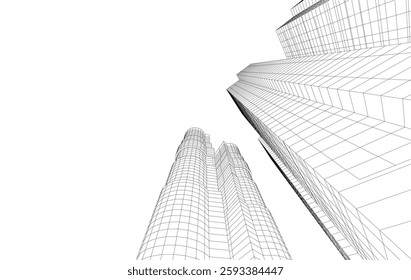 Abstract Architectural Wireframe of Modern Skyscrapers - 3D Perspective View