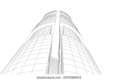 Abstract Architectural Wireframe of Modern Skyscrapers - 3D Perspective View