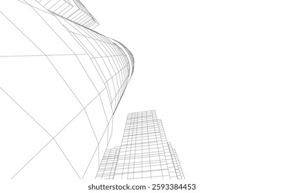 Abstract Architectural Wireframe of Modern Skyscrapers - 3D Perspective View