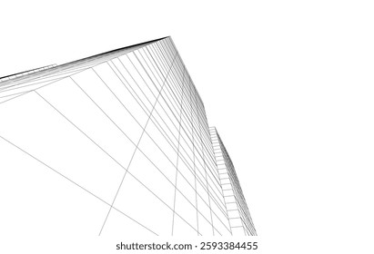 Abstract Architectural Wireframe of Modern Skyscrapers - 3D Perspective View