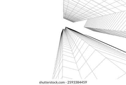 Abstract Architectural Wireframe of Modern Skyscrapers - 3D Perspective View