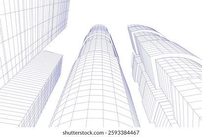 Abstract Architectural Wireframe of Modern Skyscrapers - 3D Perspective View