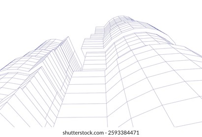 Abstract Architectural Wireframe of Modern Skyscrapers - 3D Perspective View