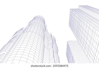 Abstract Architectural Wireframe of Modern Skyscrapers - 3D Perspective View