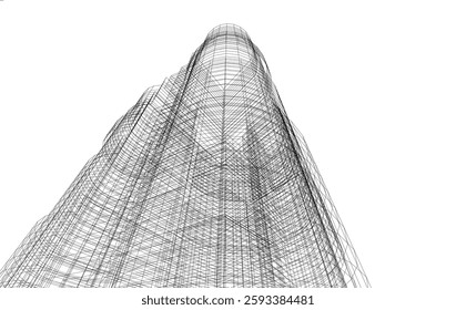 Abstract Architectural Wireframe of Modern Skyscrapers - 3D Perspective View