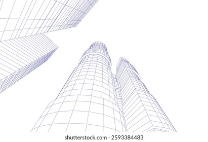Abstract Architectural Wireframe of Modern Skyscrapers - 3D Perspective View