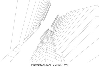 Abstract Architectural Wireframe of Modern Skyscrapers - 3D Perspective View