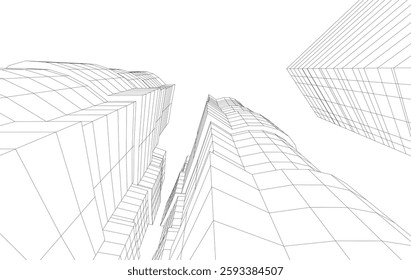 Abstract Architectural Wireframe of Modern Skyscrapers - 3D Perspective View