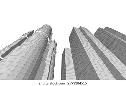 Abstract Architectural Wireframe of Modern Skyscrapers - 3D Perspective View