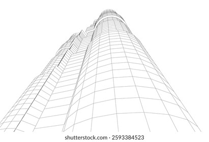 Abstract Architectural Wireframe of Modern Skyscrapers - 3D Perspective View