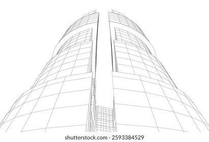 Abstract Architectural Wireframe of Modern Skyscrapers - 3D Perspective View