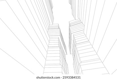 Abstract Architectural Wireframe of Modern Skyscrapers - 3D Perspective View