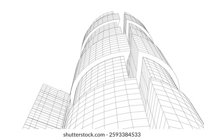 Abstract Architectural Wireframe of Modern Skyscrapers - 3D Perspective View