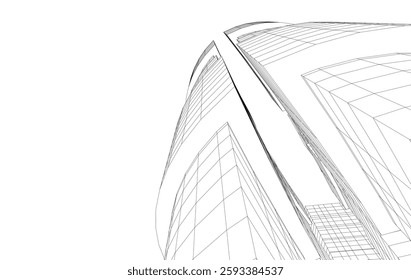 Abstract Architectural Wireframe of Modern Skyscrapers - 3D Perspective View