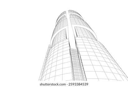Abstract Architectural Wireframe of Modern Skyscrapers - 3D Perspective View