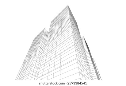 Abstract Architectural Wireframe of Modern Skyscrapers - 3D Perspective View