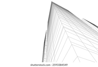 Abstract Architectural Wireframe of Modern Skyscrapers - 3D Perspective View