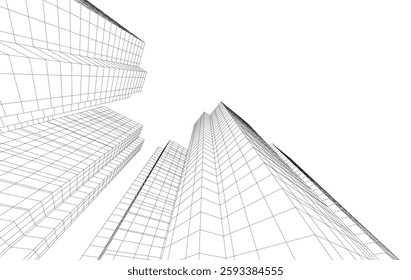 Abstract Architectural Wireframe of Modern Skyscrapers - 3D Perspective View
