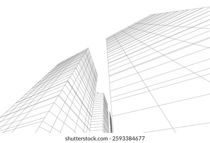 Abstract Architectural Wireframe of Modern Skyscrapers - 3D Perspective View