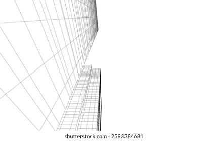 Abstract Architectural Wireframe of Modern Skyscrapers - 3D Perspective View