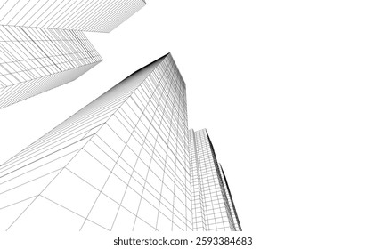 Abstract Architectural Wireframe of Modern Skyscrapers - 3D Perspective View
