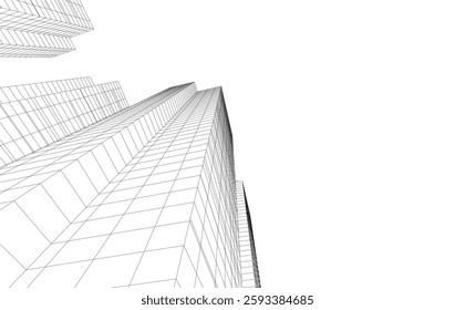 Abstract Architectural Wireframe of Modern Skyscrapers - 3D Perspective View