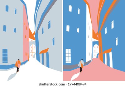 Dibujo plano de los edificios de color. Aislado sobre fondo blanco. Ilustración vectorial. Arquitectura de Europa. Vector de viaje a Europa. Afiche europeo de viajes. Dos pancartas.