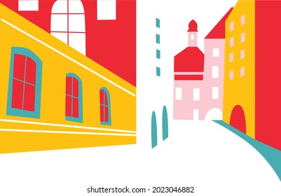   Abstract architecture background geometric style. Urban landscape drawing vector. Cartoon vector buildings illustration.Trendy homes with windows, roof. Two banner. Colored flat vector illustration.