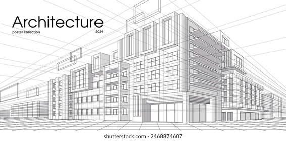 Abstract architecture. Banner with model of urban building with perspective lines. Landing page with modern construction drawing. Outline isometric vector illustration isolated on white background