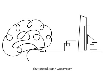 Abstract architecture with brain as continuous lines drawing on white background. Vector