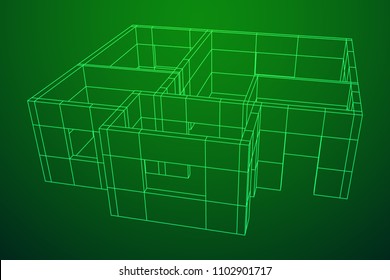 Abstract architecture building. Plan of modern house. Wireframe low poly mesh construction.