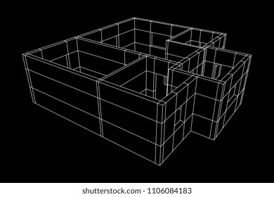 Abstract architecture building. Plan of modern house. Wireframe low poly mesh construction.