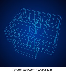 Abstract architecture building. Plan of modern house. Wireframe low poly mesh construction.