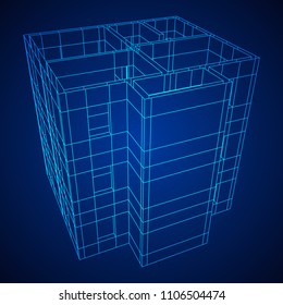 Abstract architecture building. Plan of modern house. Wireframe low poly mesh construction.