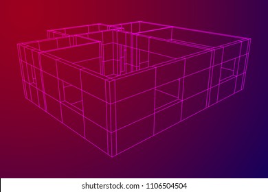Abstract architecture building. Plan of modern house. Wireframe low poly mesh construction.
