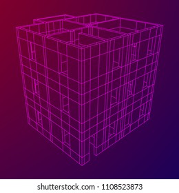 Abstract architecture building. Plan of modern house. Wireframe mesh construction.