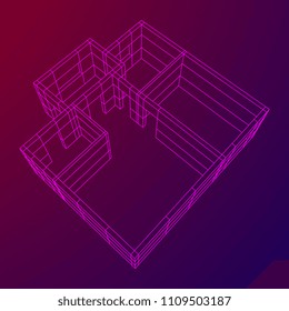 Abstract architecture building. Plan of modern house. Wireframe low poly mesh construction.