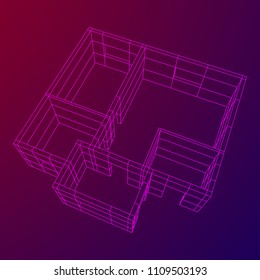 Abstract architecture building. Plan of modern house. Wireframe low poly mesh construction.