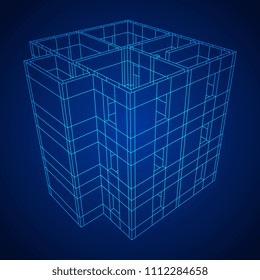 Abstract architecture building. Plan of modern house. Wireframe low poly mesh construction.