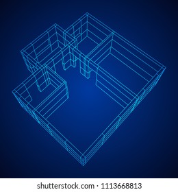 Abstract architecture building. Plan of modern house. Wireframe low poly mesh construction.