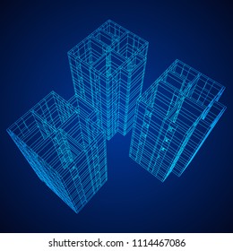 Abstract architecture building. Plan of modern house. Wireframe low poly mesh construction.
