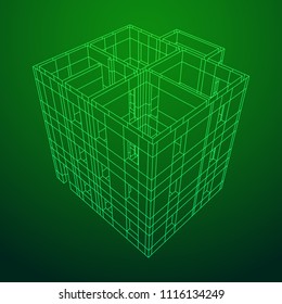 Abstract architecture building. Plan of modern house. Wireframe low poly mesh construction.