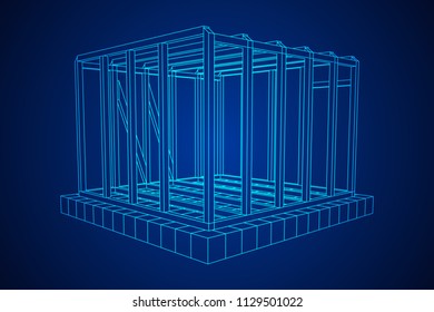 Abstract architecture building. Plan of modern framing house. Wireframe low poly mesh construction.