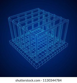 Abstract architecture building. Plan of modern framing house. Wireframe low poly mesh construction.